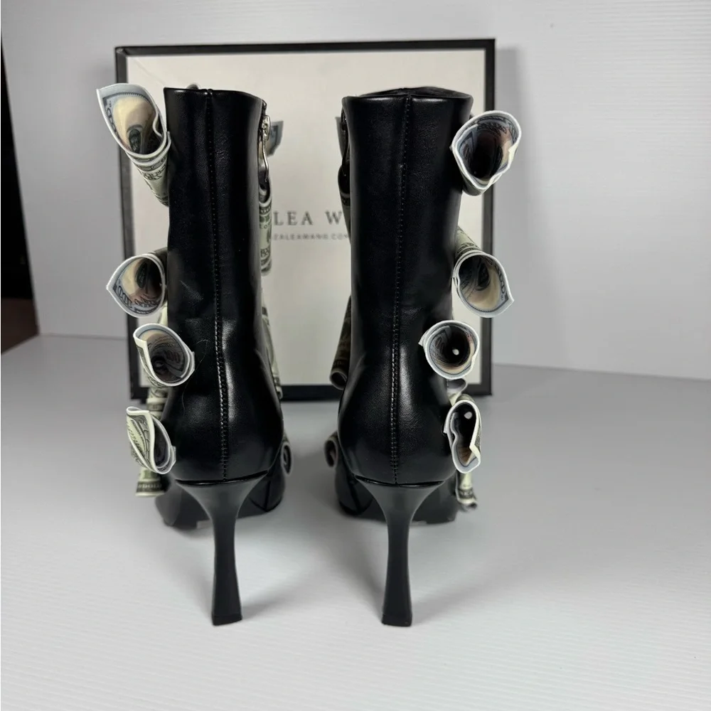 Azalea Wang Dinero Black Money Heels Multi Sizes Dollar Bill Statement Boot NWT - Picture 7 of 8